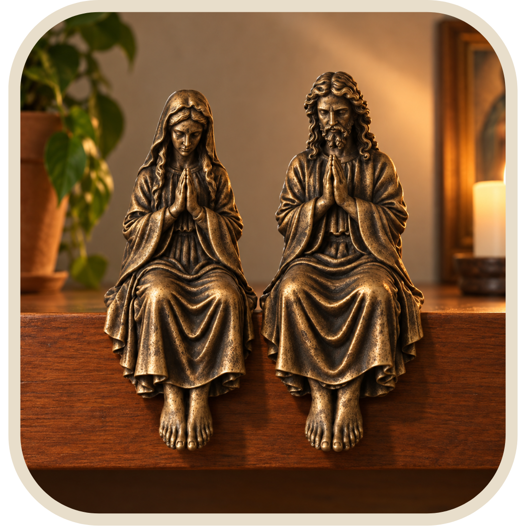 Statua Gesù Cristo e Vergine Maria Effetto Oro Anticato 15cm - Borda Santa®