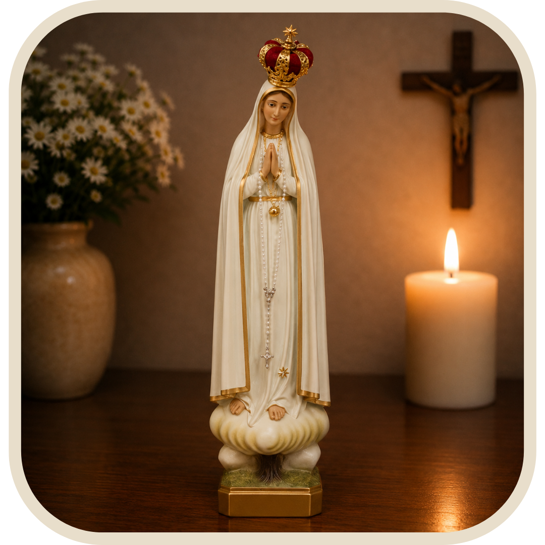 Statua Nostra Signora di Fátima con Corona Placcata e Rosario 43cm in Resina®