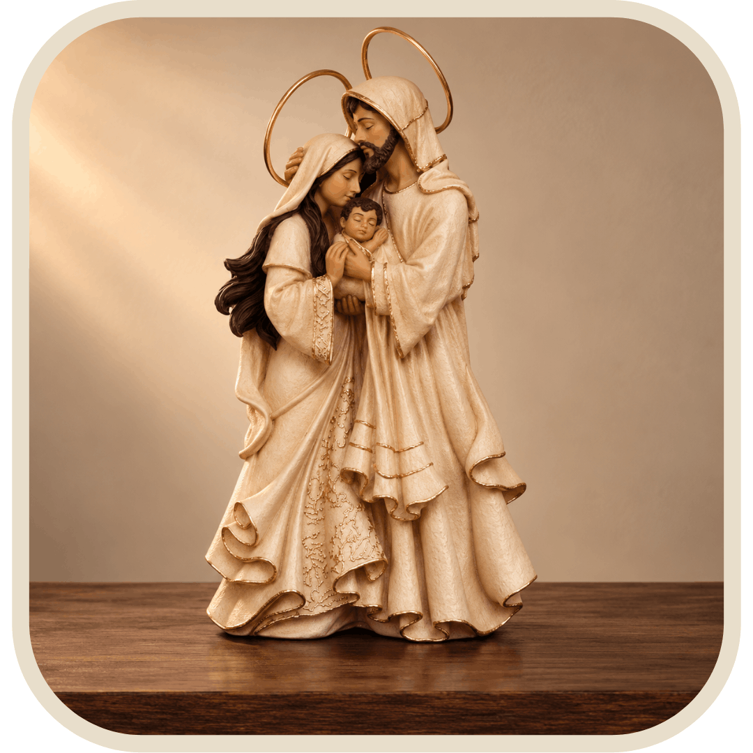 Statua Sacra Famiglia Effetto Marmo Bianca con Aureola in Resina®