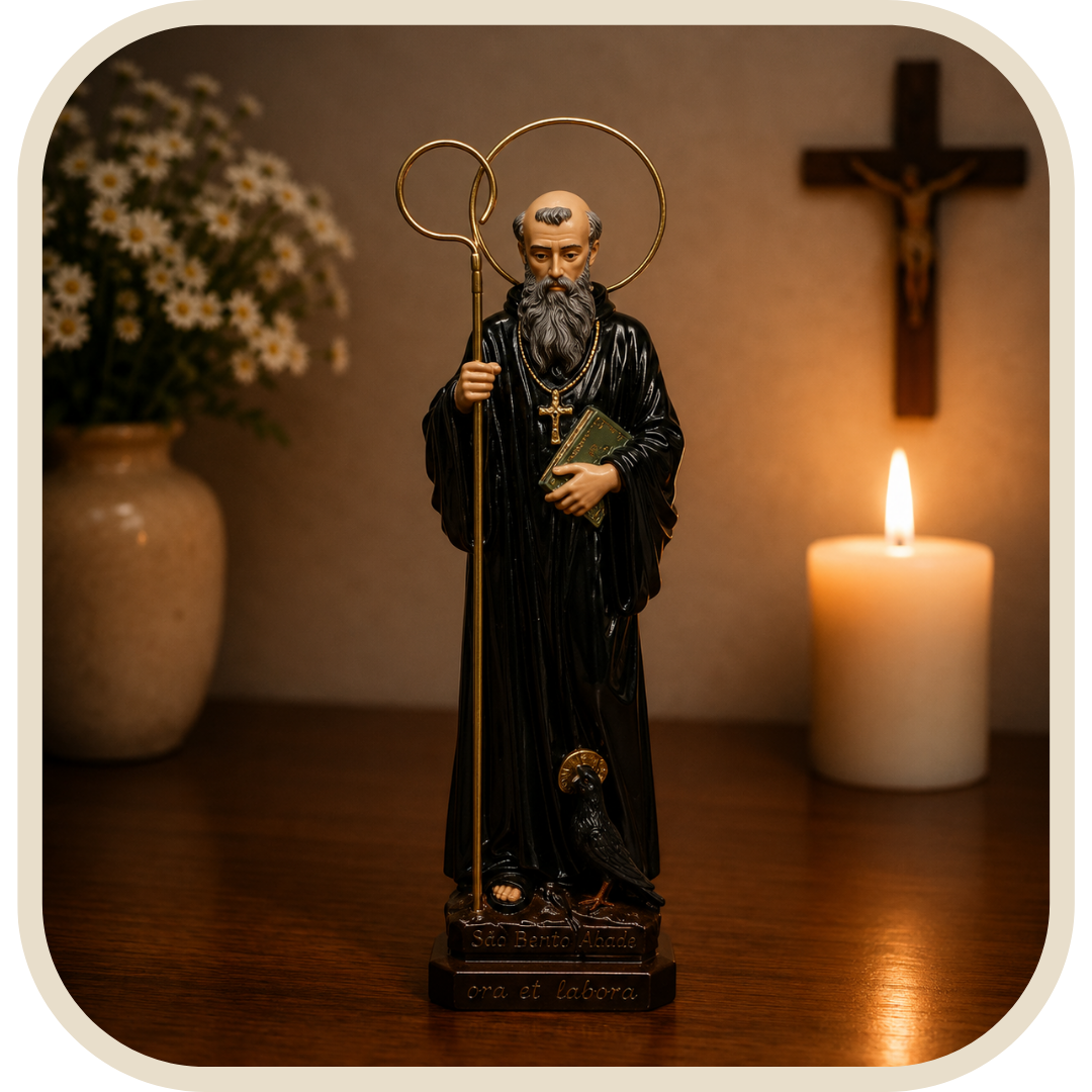 Statua San Benedetto con Aureola e Pastorale Placcati 30cm in Resina®