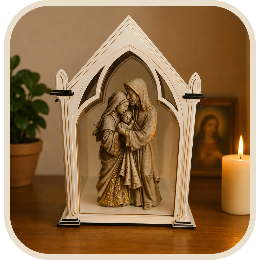 Kit Cappella con Teca in Acrilico e Sacra Famiglia Effetto Marmo 32cm®