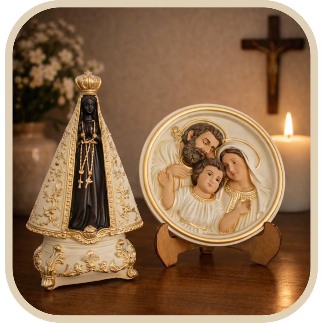 Kit Statua Nostra Signora Aparecida 22cm + Decorazione Sacra Famiglia®