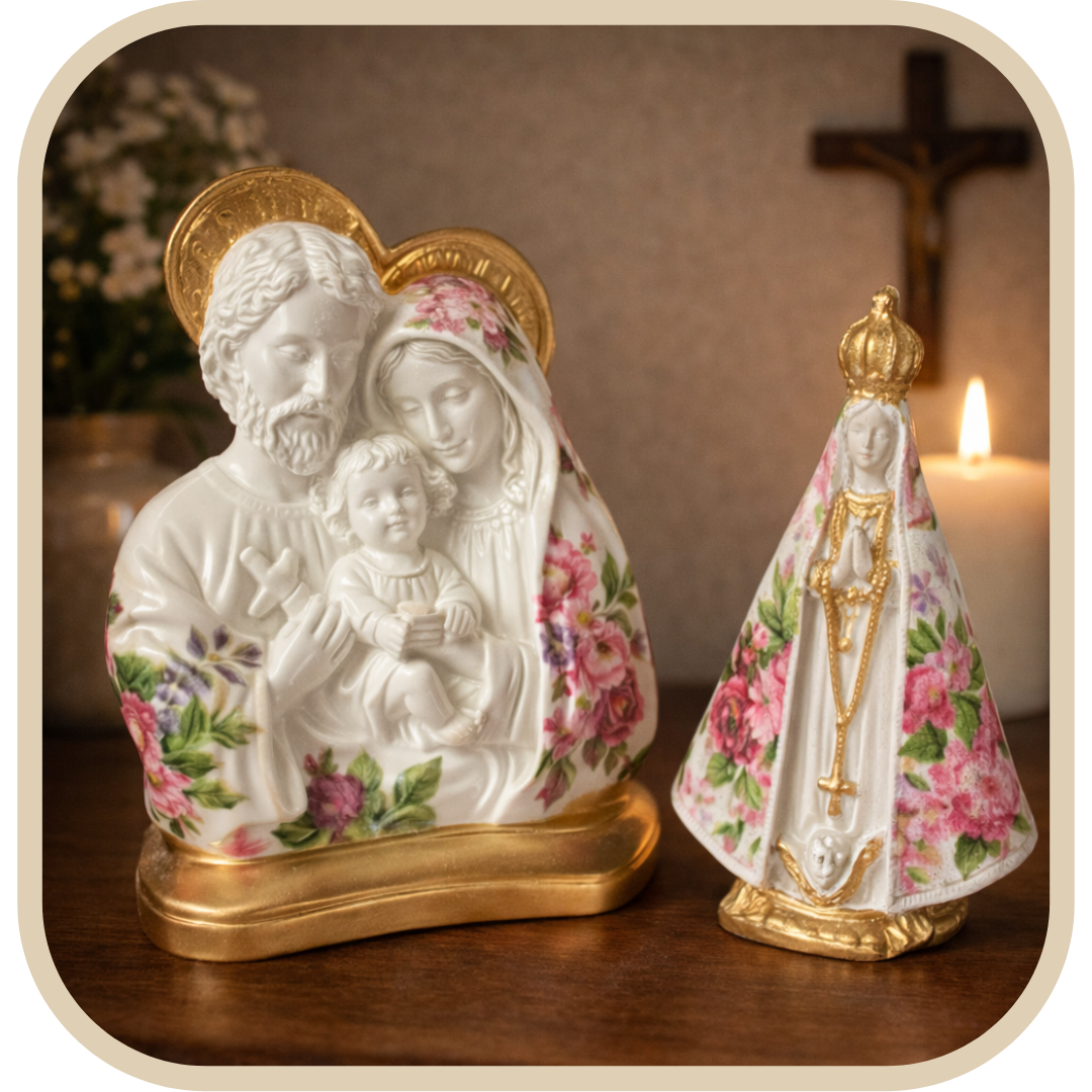 Kit Statue Sacra Famiglia 17cm + Nostra Signora Aparecida 15cm Floreale Rosa®