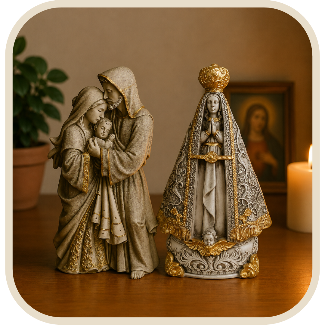 Kit Statue Sacra Famiglia e Nostra Signora Aparecida Effetto Marmo 25cm®