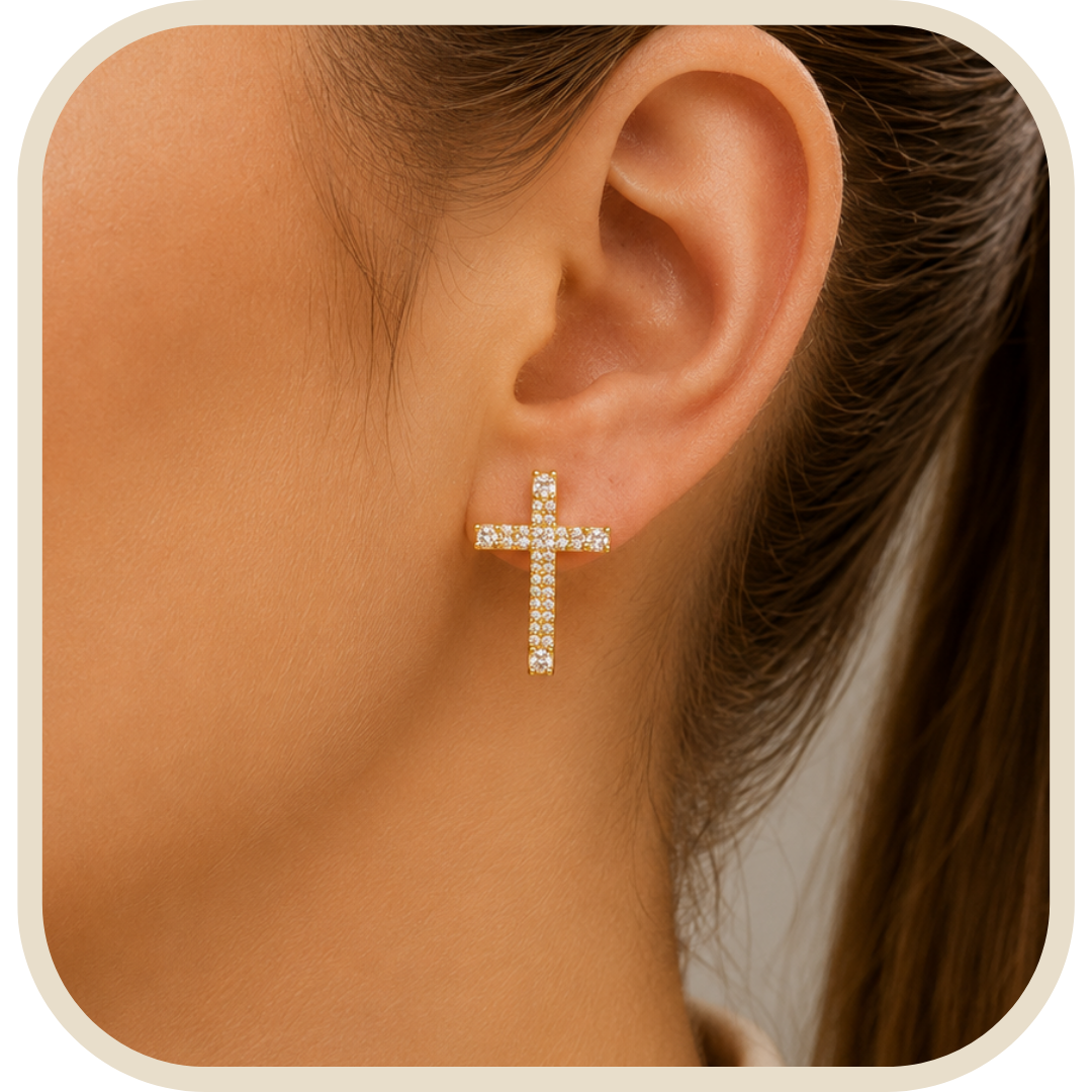 Paio di Orecchini Croce Dorati con Zirconi Placcati Oro 18K®